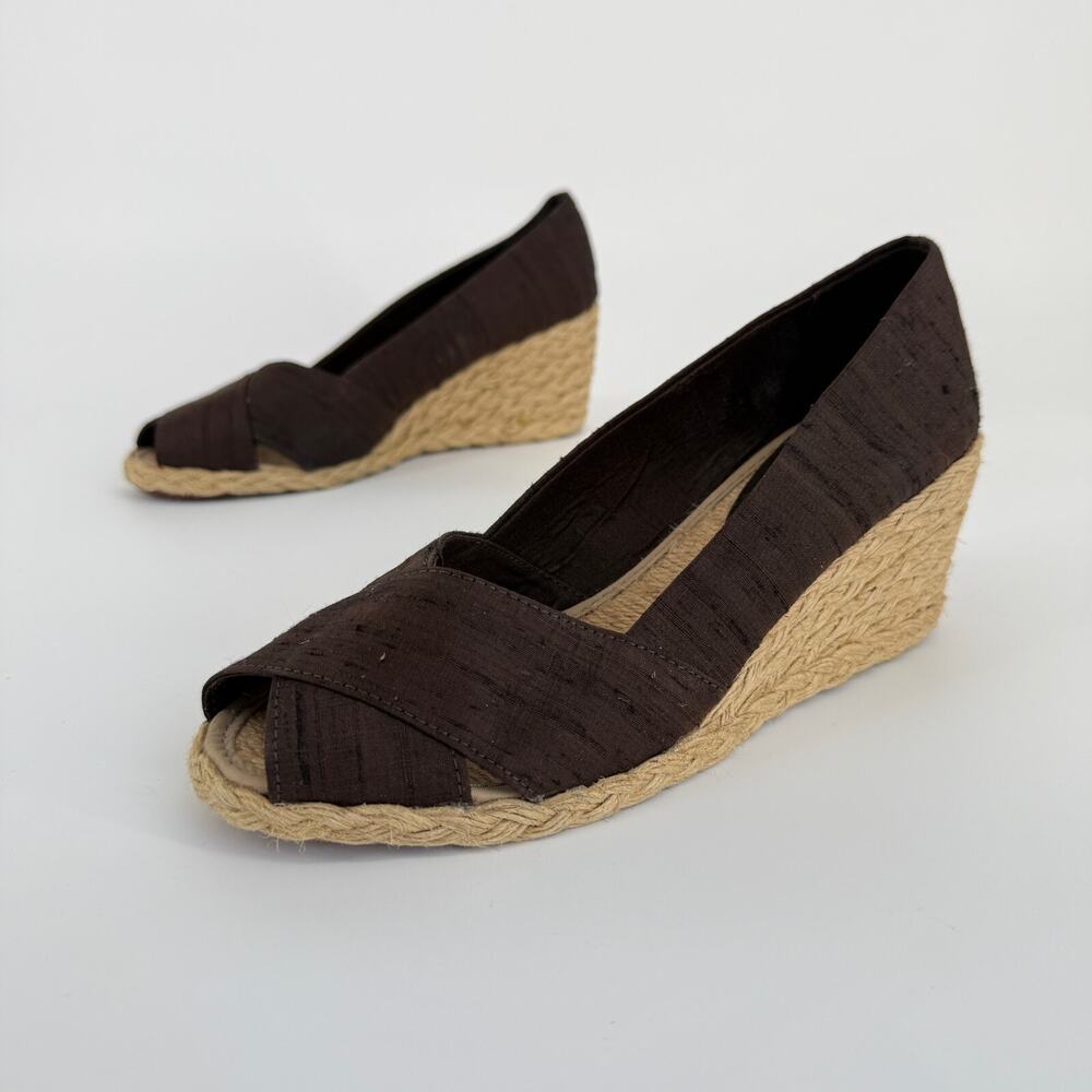 Ralph Lauren Women’s Pumps 7.5 Brown Espadrille Wedge Heel Peep Toe Summer Retro - Picture 2 of 12